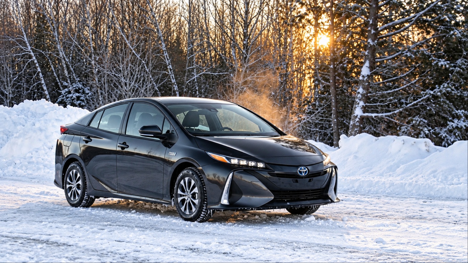 Hybrid sedan parked in snow