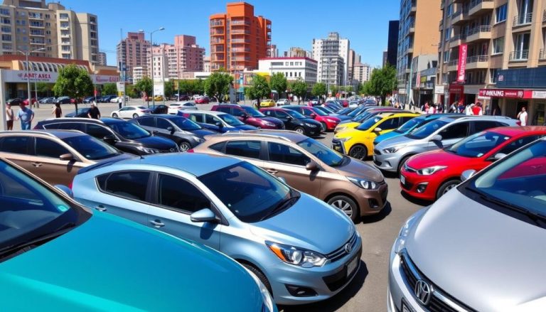 A crowded used-car dealership lot displays various vehicles surrounded by modern commercial buildings