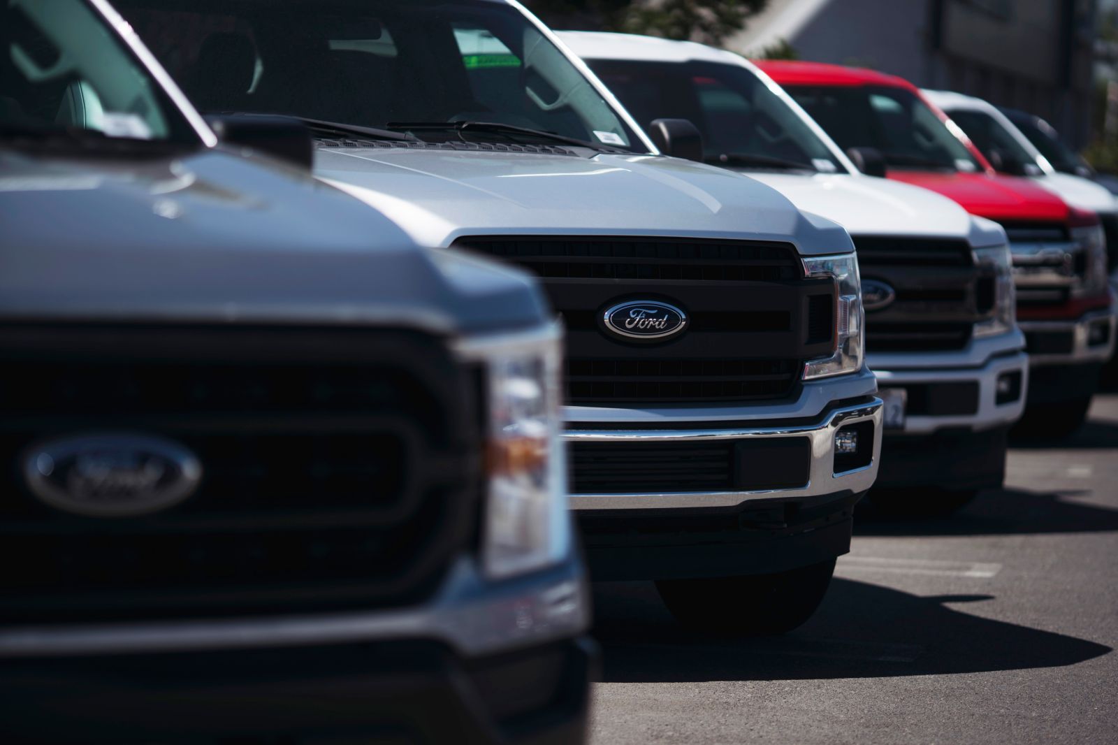 A lineup of Ford pickup trucks parked in a dealership lot, showcasing their rugged front-end designs