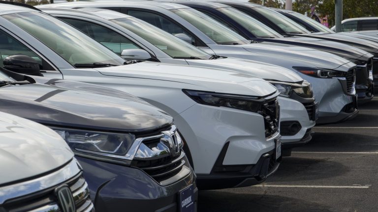 A row of white and silver SUVs parked at a CarMax dealership, showcasing varied front-end designs