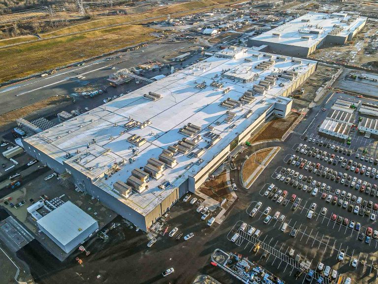 Aerial view of Toyota Battery Center of Saline, showing its extensive manufacturing facility
