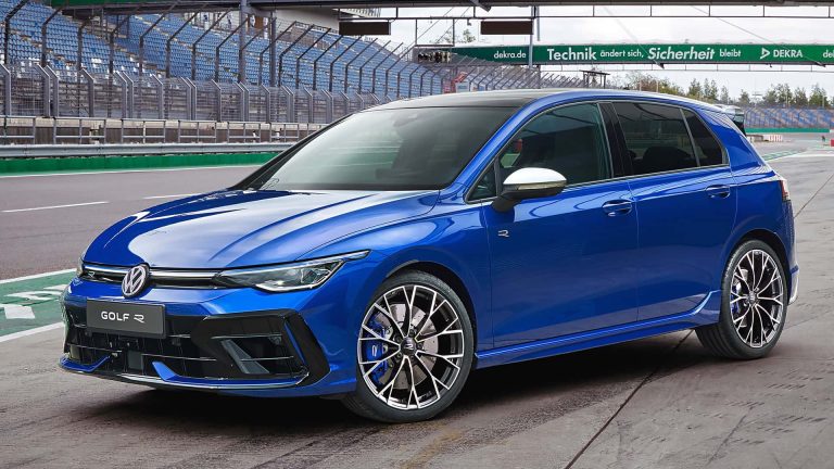 Blue Volkswagen Golf R parked on a racetrack, showcasing its sporty styling and performance-focused design