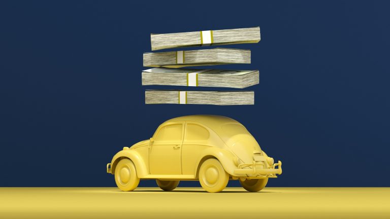 A vintage care is shown in yellow color with cash piles on the top