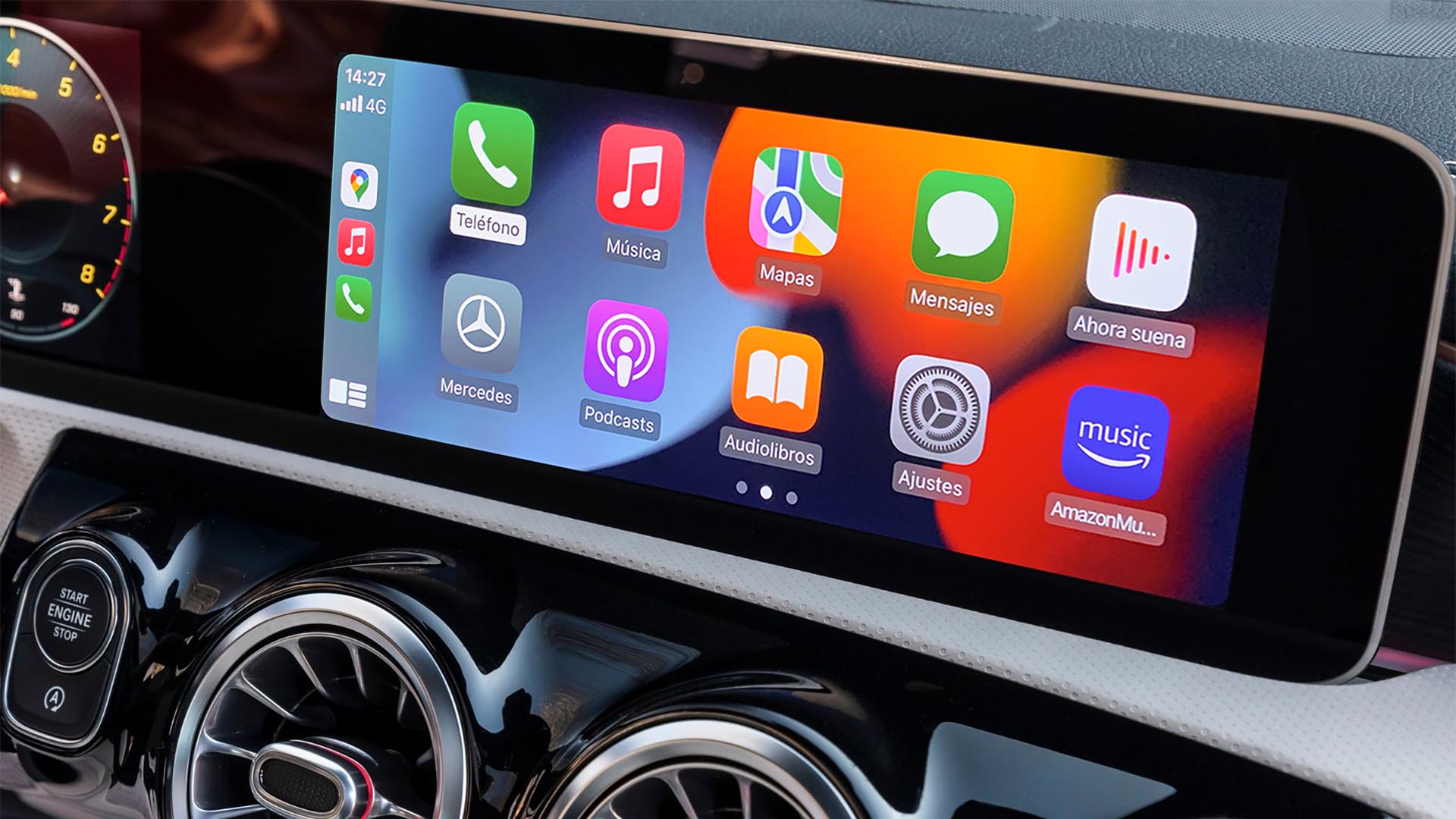 Car infotainment screen displaying Apple CarPlay apps and navigation controls