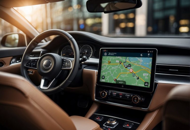 Car interior featuring a built-in navigation system with a large touchscreen, route guidance, and leather upholstery