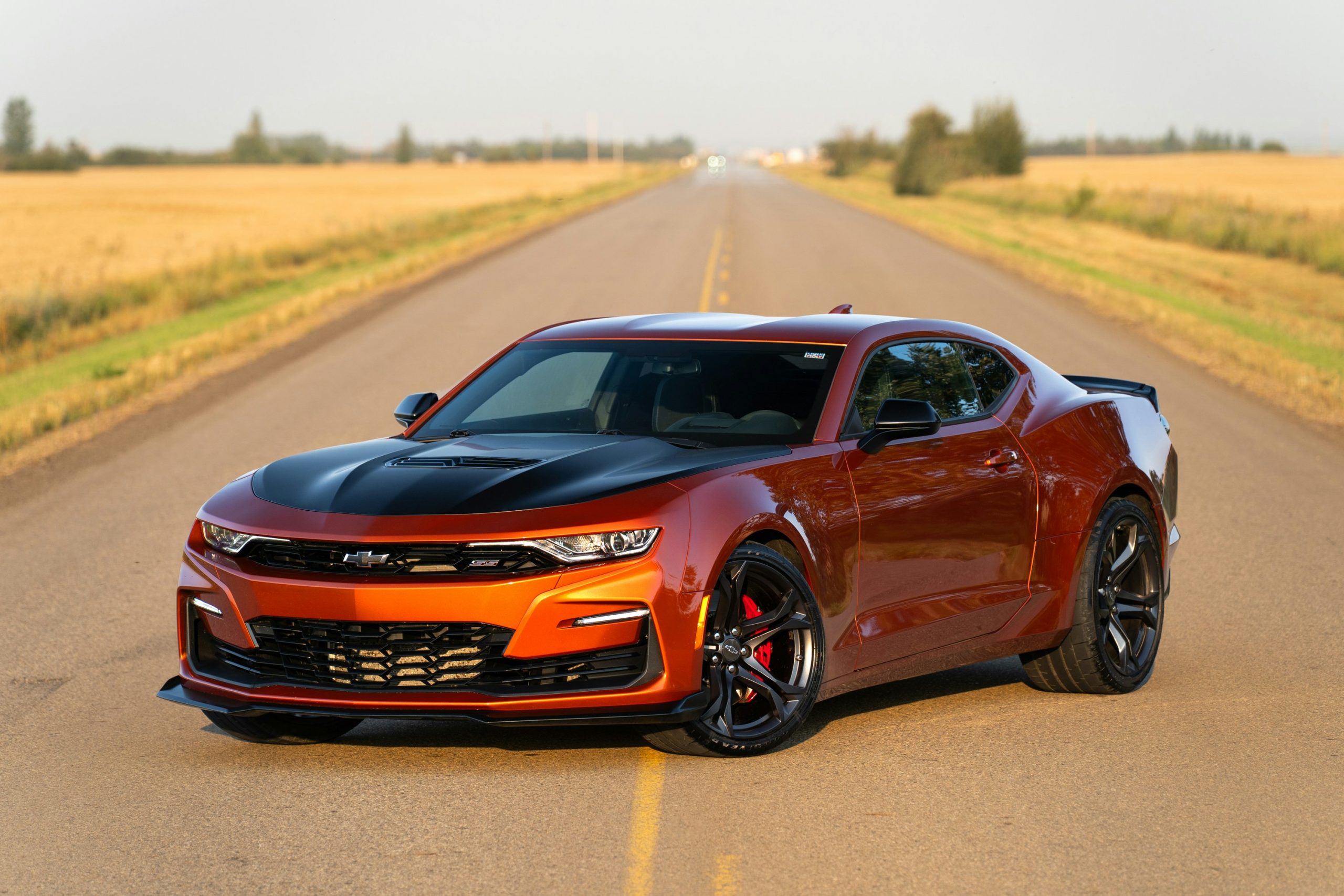 A Camaro is standing on a road near a grass plot