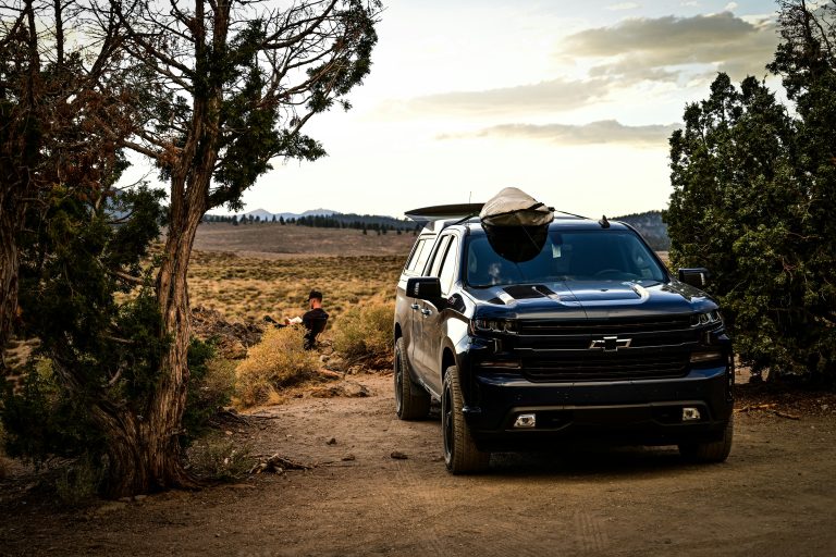 A Chevy Suburban is standing on mudnear small trees