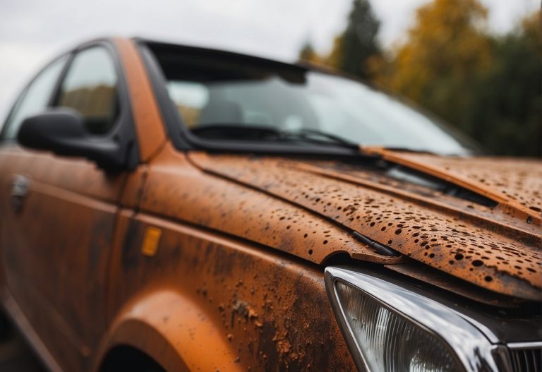 Close-up of a weathered brown car covered in raindrops, highlighting its exterior condition