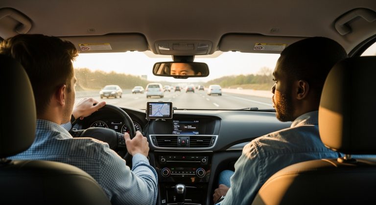 Drivers and passenger traveling on a busy highway during the evening commute