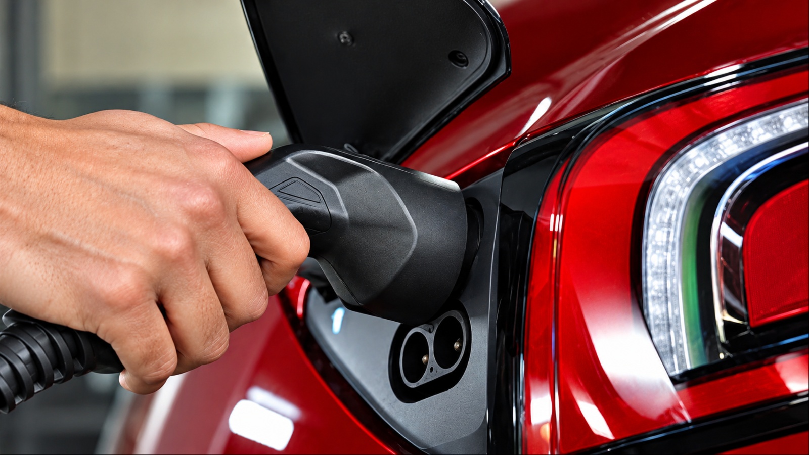 Hand connects charging cable to red electric vehicle charger port