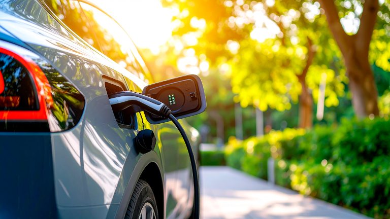 An EV is getting charged on a sunny day