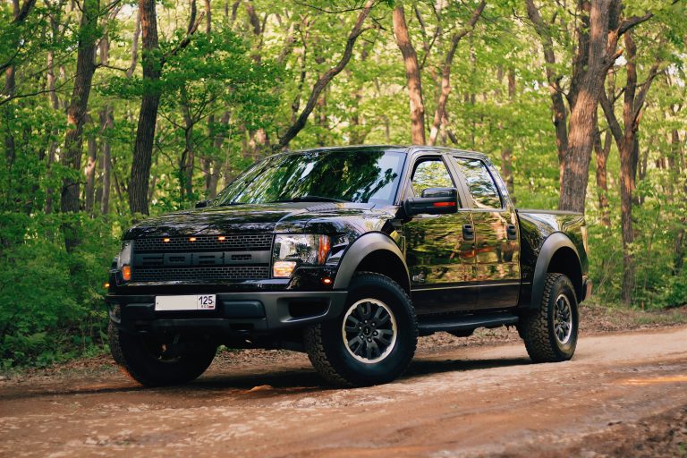 A Ford Ranger is staniding on a rough patch deep in the forest