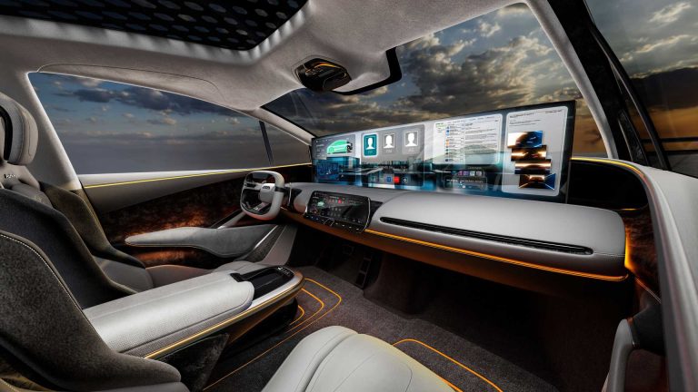 Futuristic SUV interior featuring expansive displays, ambient lighting, and luxurious seating