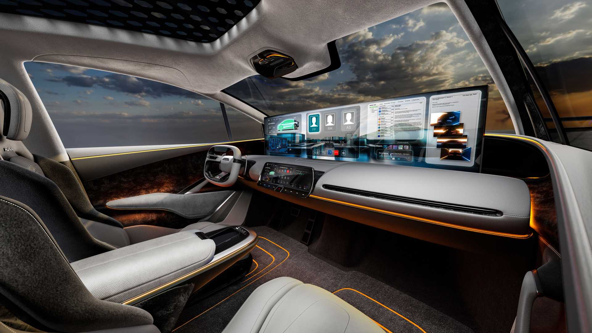 Futuristic SUV interior featuring expansive displays, ambient lighting, and luxurious seating