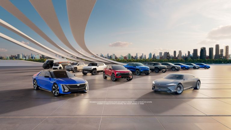 General Motors showcases a diverse lineup of vehicles against a modern city skyline