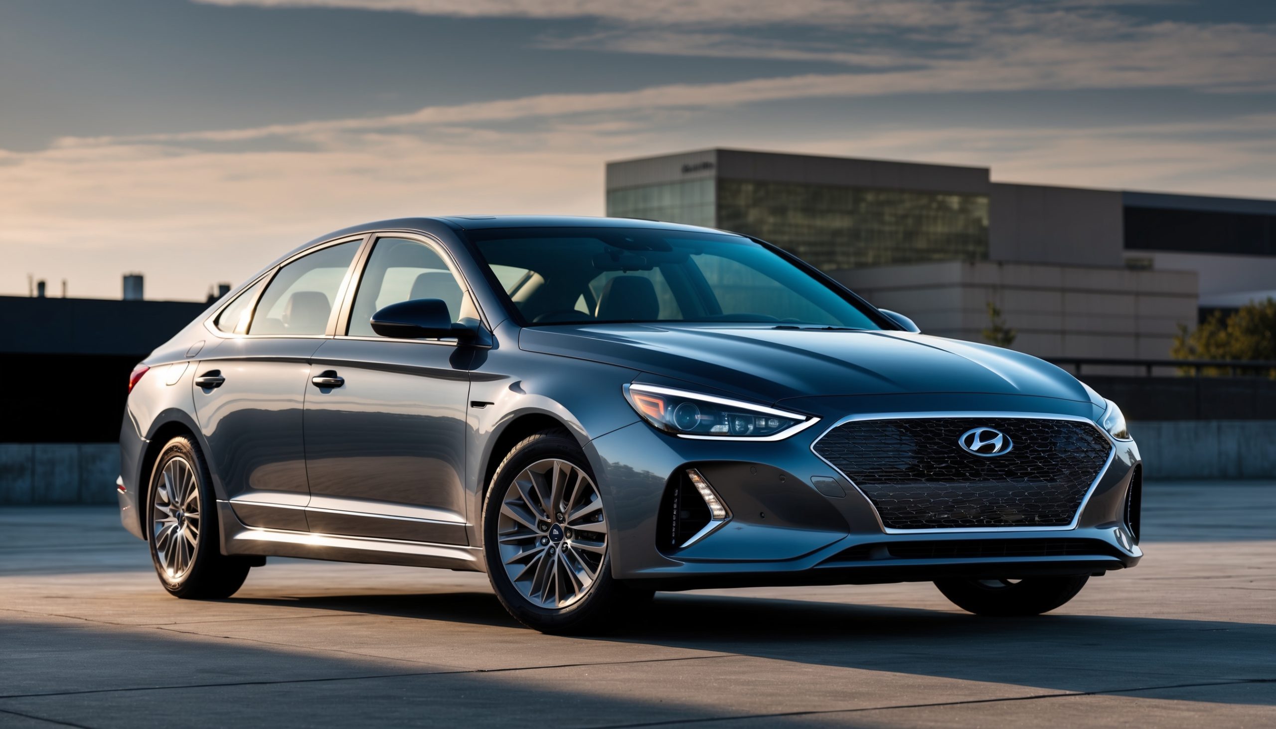 Gray Hyundai Sonata sedan parked outside a modern building at sunset, showcasing its sleek design