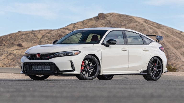 Honda Civic Type R parked against a rugged desert backdrop, highlighting its sporty design