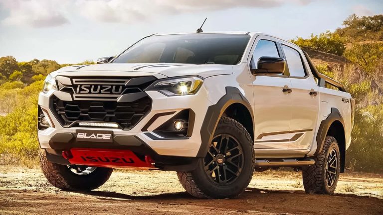 Isuzu D-Max Blade pickup parked on rugged terrain, showcasing off-road styling and capability