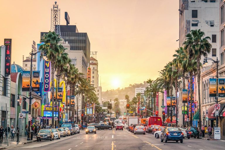 Los Angeles boulevard lined with palm trees, busy traffic, and vibrant city signs