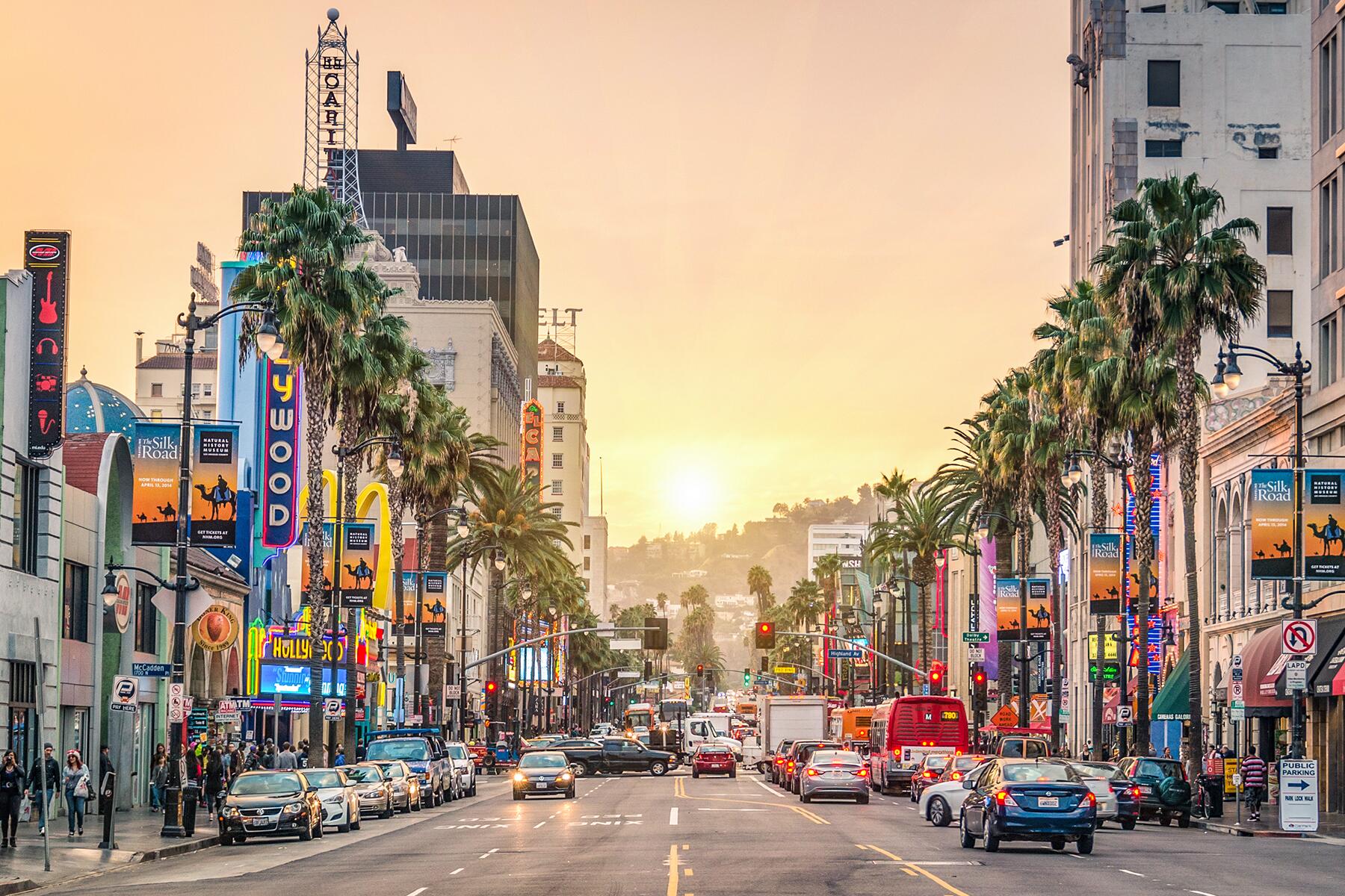 Los Angeles boulevard lined with palm trees, busy traffic, and vibrant city signs
