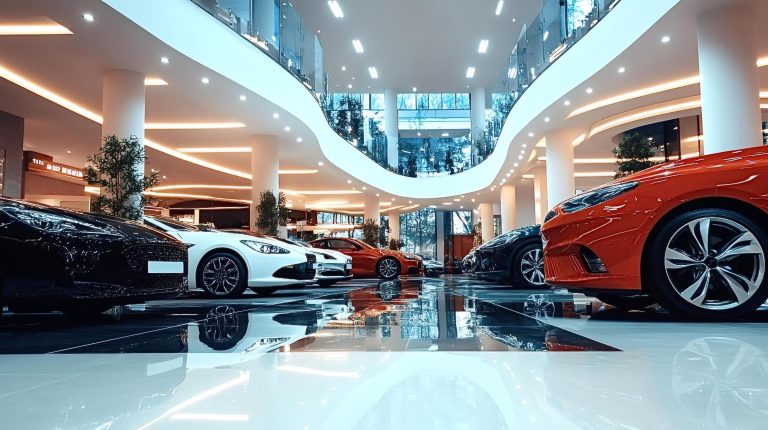 Multiple new cars displayed inside a modern dealership showroom with glossy floors and dramatic architectural lighting