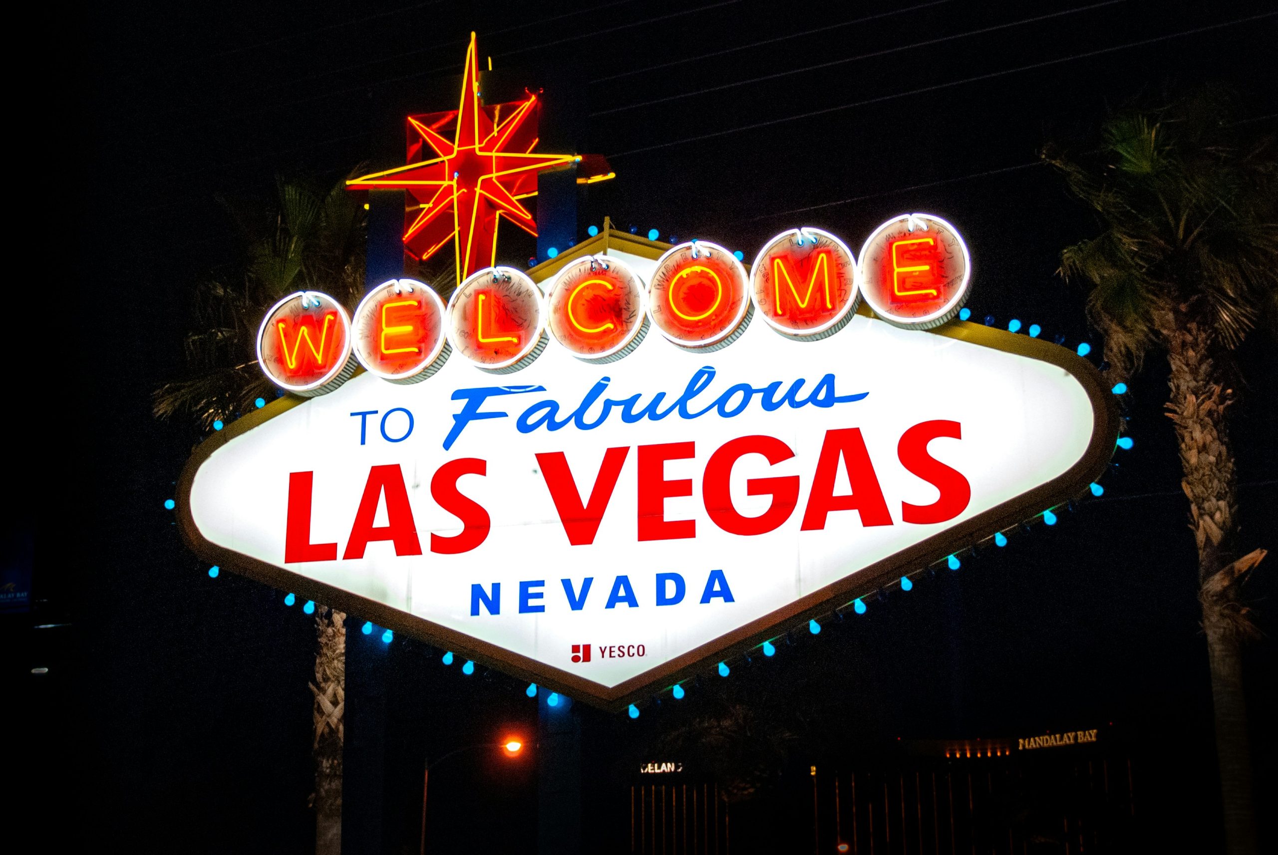 The famous "LAS VEGAS" board is shown in the night