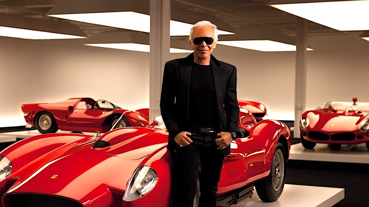 Ralph Lauren stands among his iconic Ferrari collection inside a private car museum