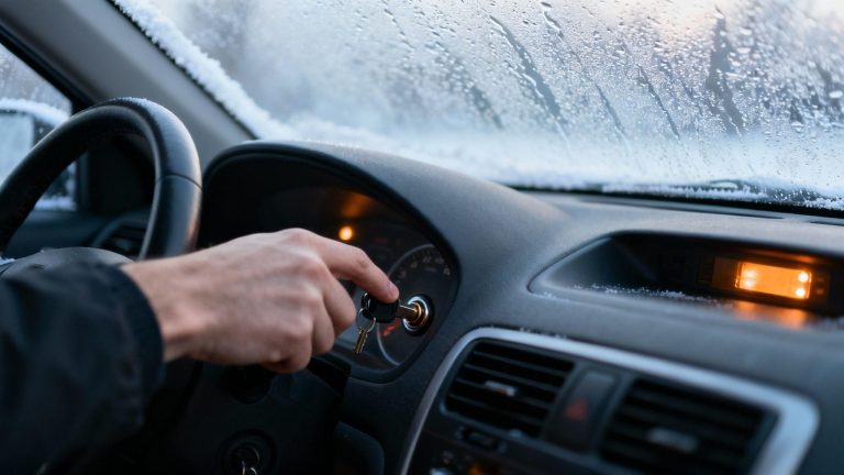 Driver starting cold car engine