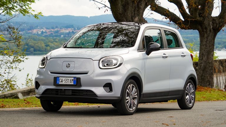 Small electric hatchback parked beside a scenic lakeside road with mountains beyond