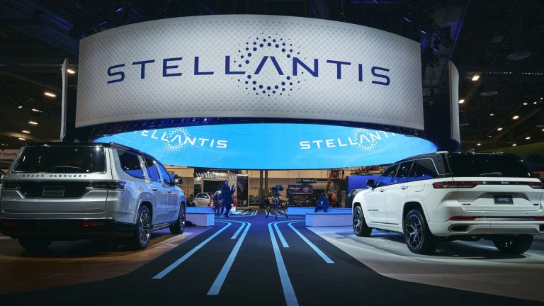 Stellantis display showcases Jeep Grand Wagoneer and Grand Cherokee SUVs at auto show
