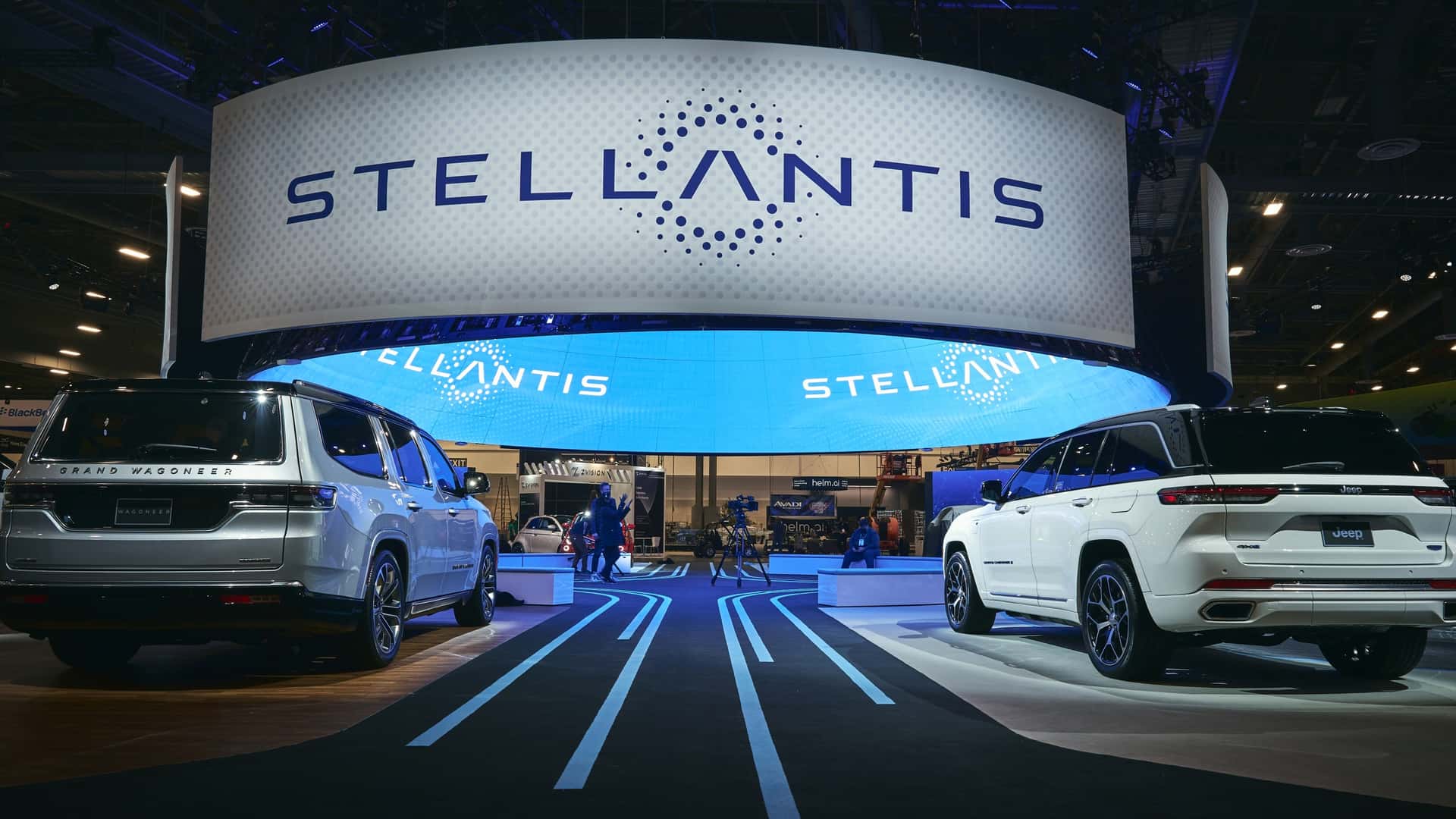 Stellantis display showcases Jeep Grand Wagoneer and Grand Cherokee SUVs at auto show