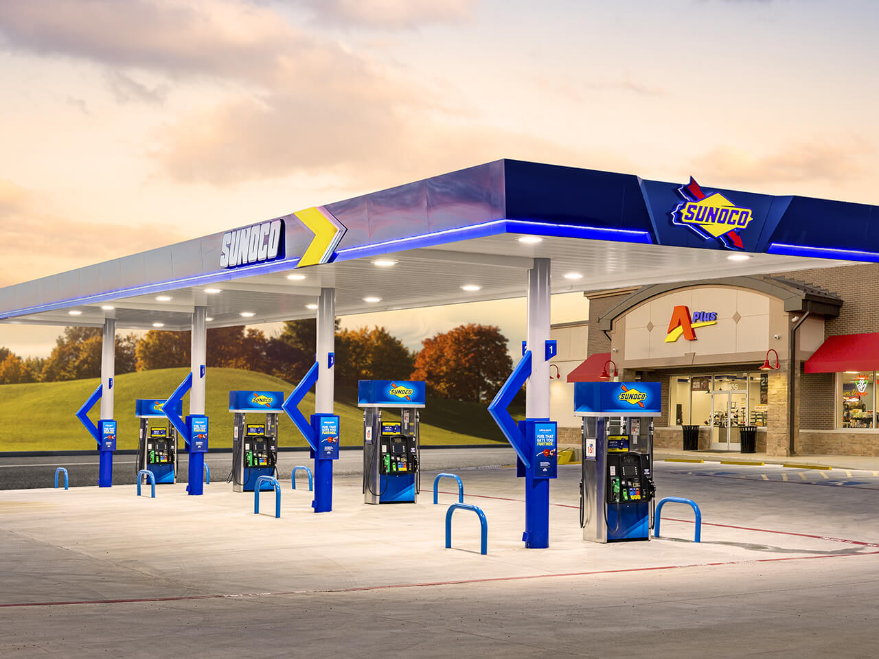 A Sunoco gas station is shown at the sunset