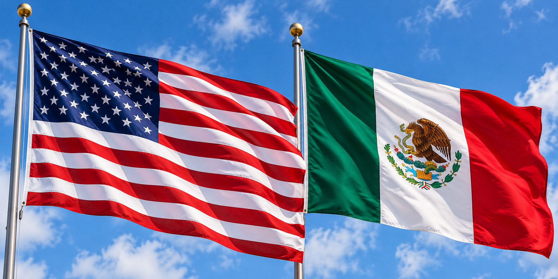 United States and Mexican flags waving side by side against a bright blue sky