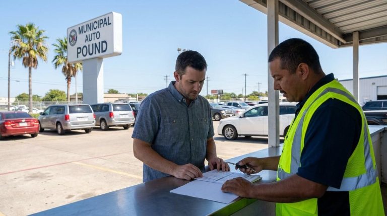 Vehicle owner reviewing paperwork with impound lot employee at a municipal auto pound facility.