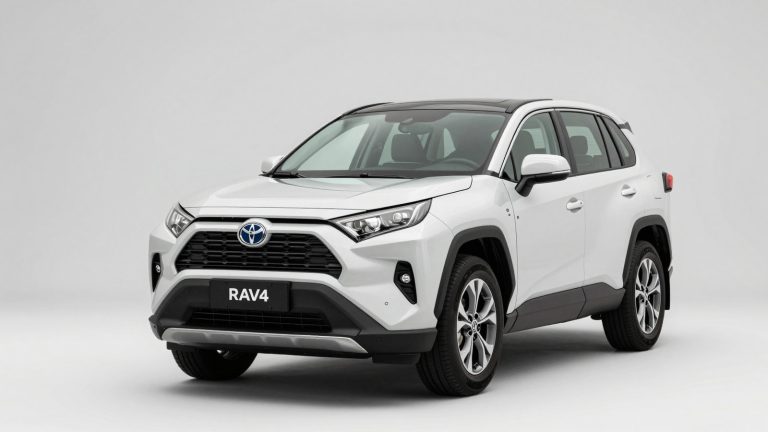 White Toyota RAV4 displayed against a clean studio background, highlighting its rugged styling and compact SUV design