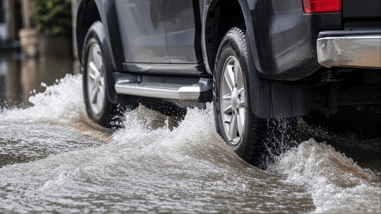 Black truck drives through flooded street spraying water high
