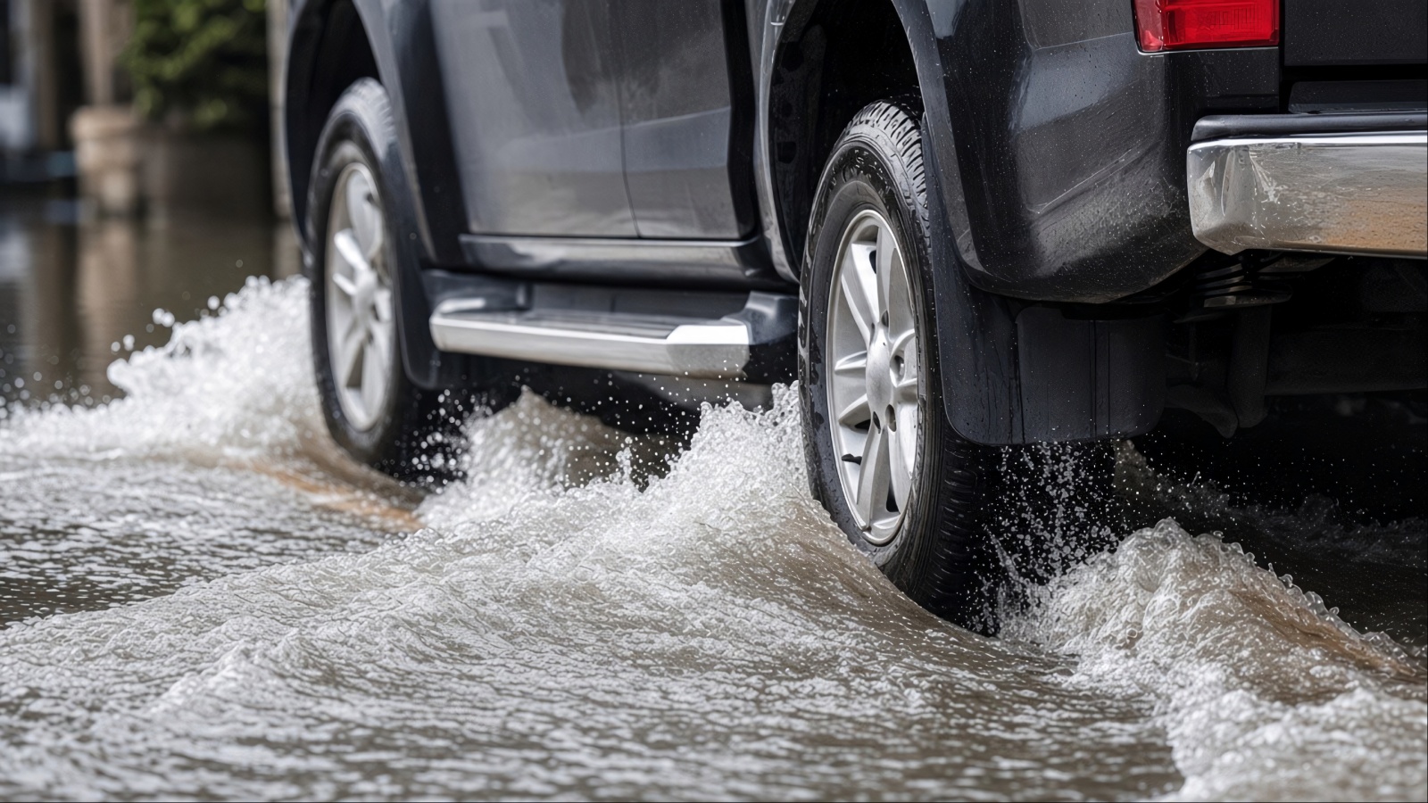 Black truck drives through flooded street spraying water high