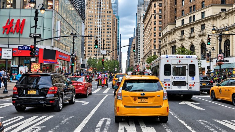 Busy New York City street packed with taxis, buses, and traffic