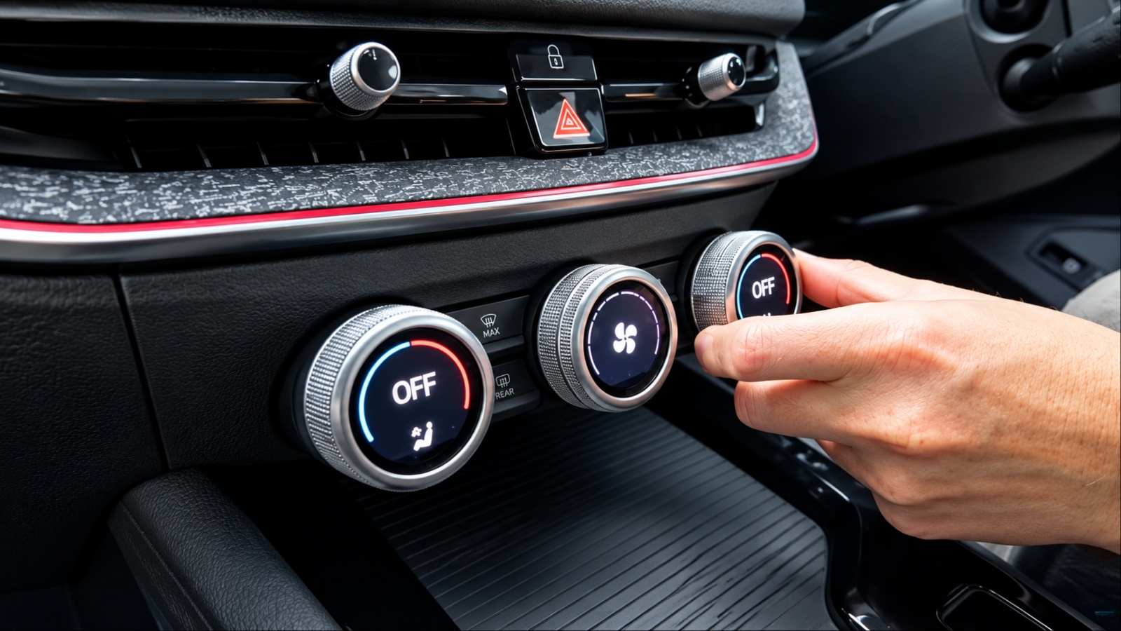 Hand adjusts physical climate control knobs on modern car dashboard
