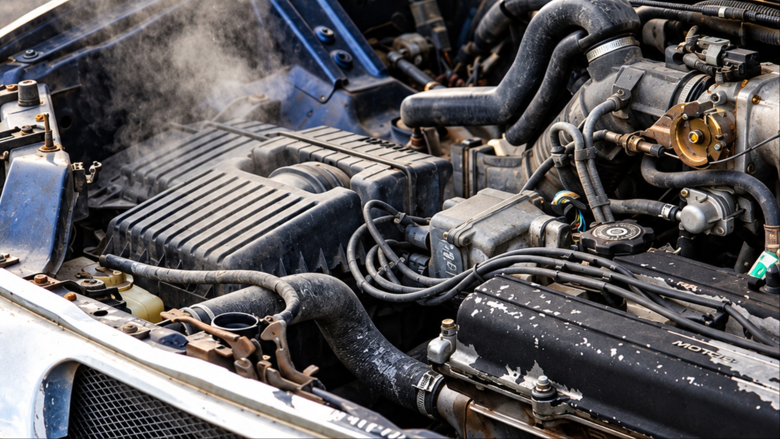 close-up view of a car engine bay