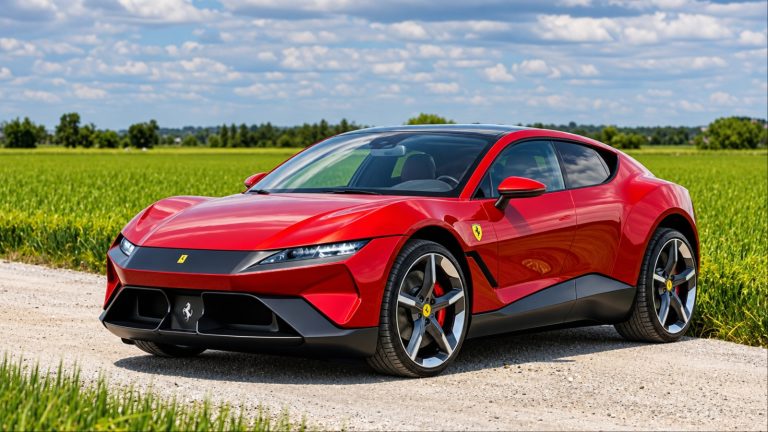 Ferrari Luce parked beside a rural road through open countryside