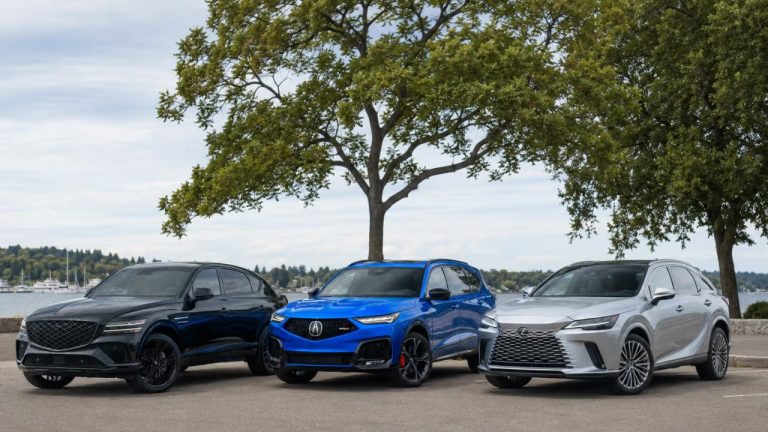 Genesis GV80, Acura MDX, and Lexus RX parked together beside a scenic waterfront