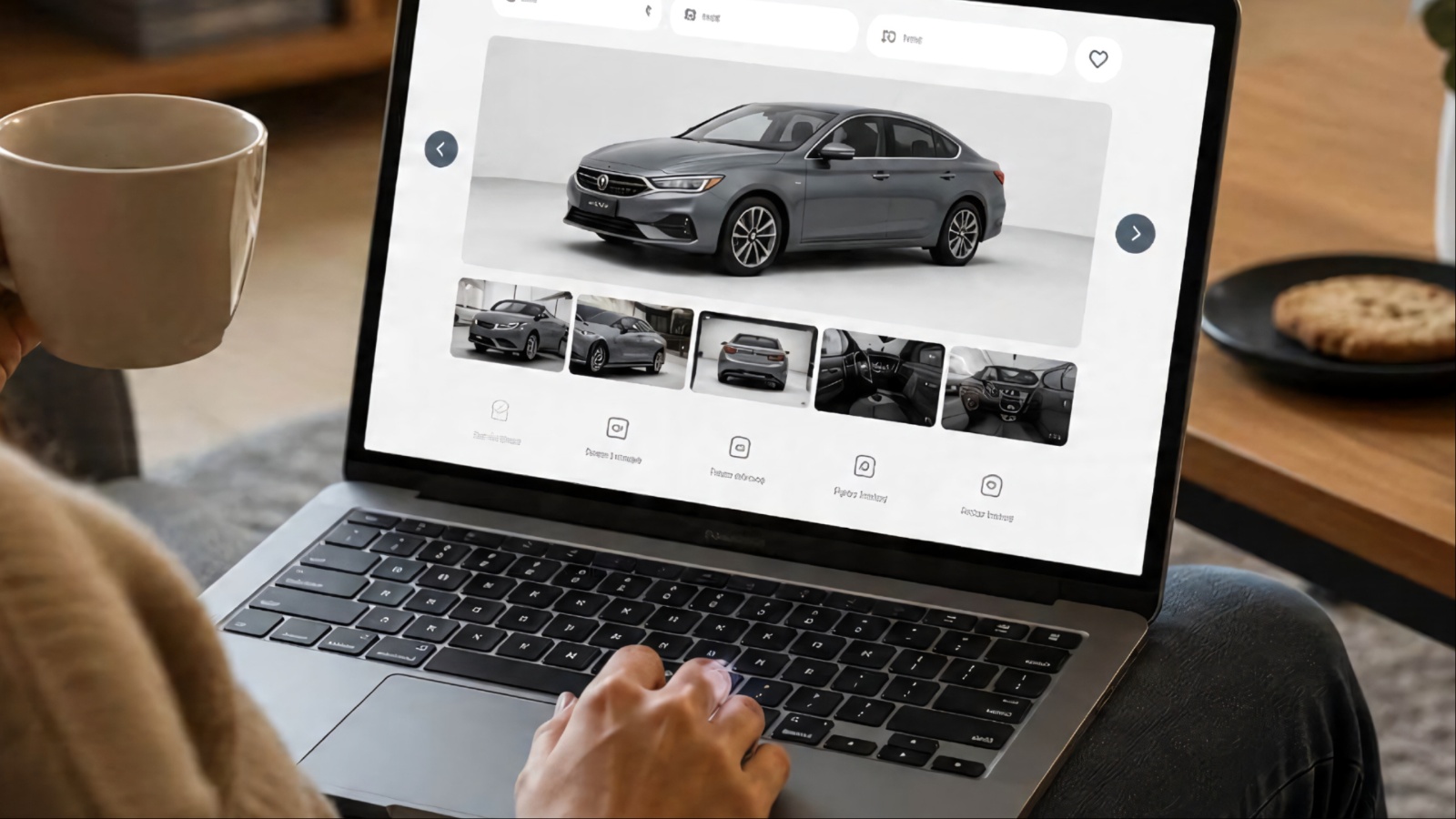 Person browses online car listing on laptop while holding mug