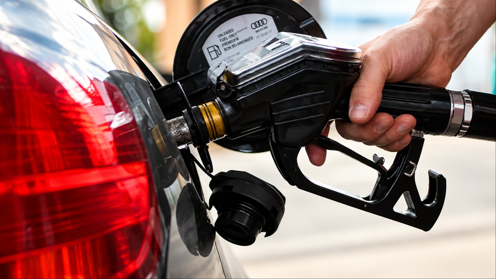 Hand gripping gas pump nozzle while refueling black sedan