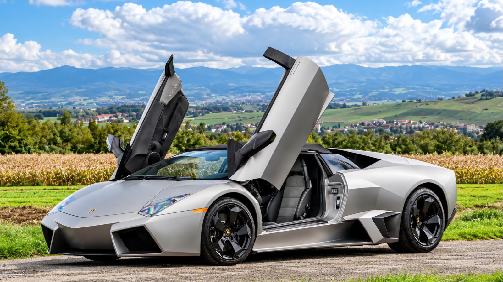 A Lamborghini Reventón is standing with it's door open on a flat highway