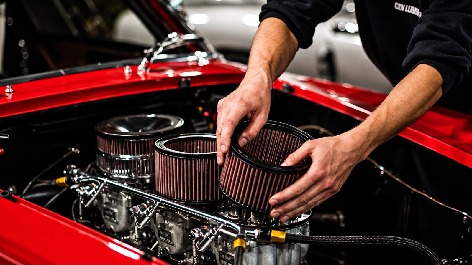 Mechanic hands installing a round air filter on a red car