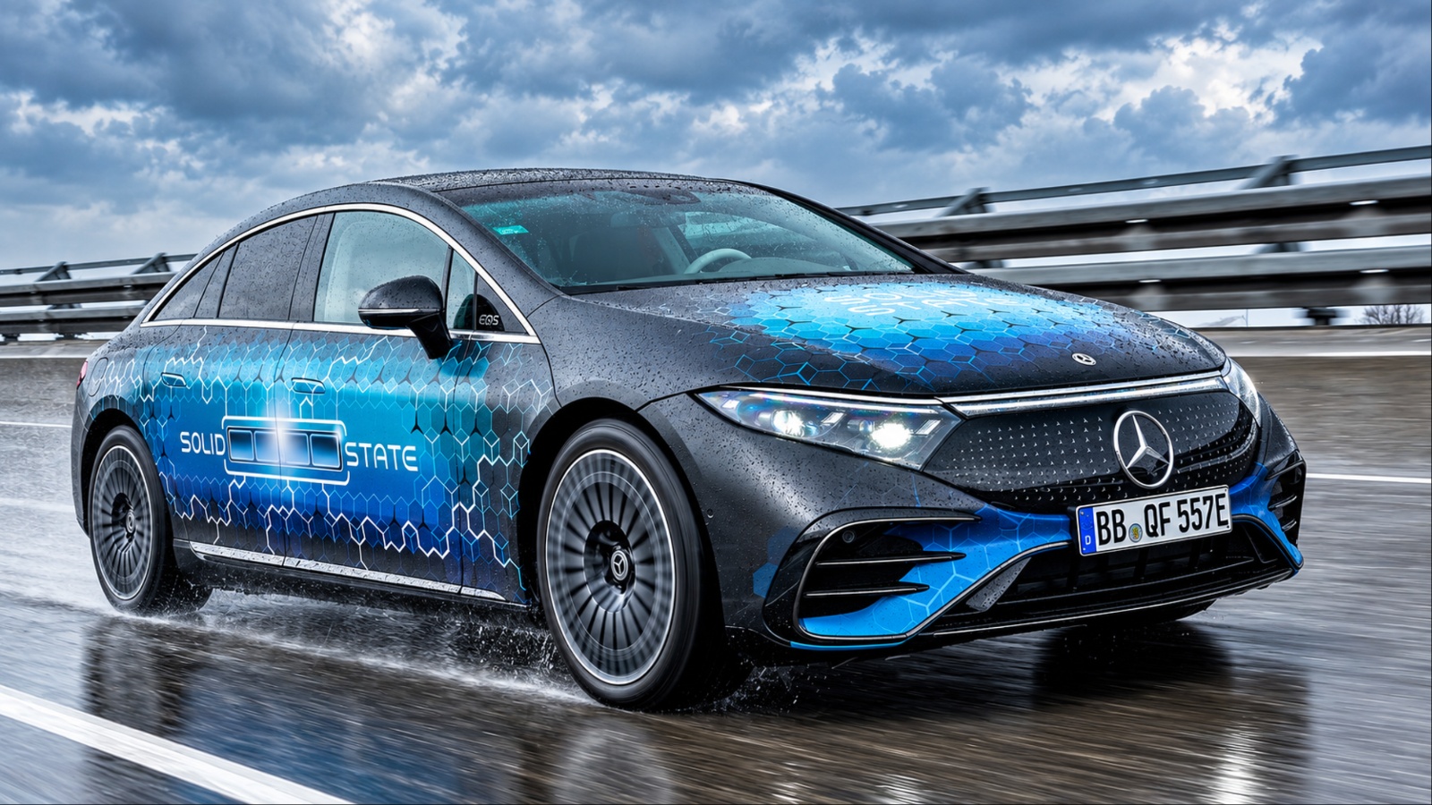 Mercedes-Benz electric car driving on wet highway during daytime