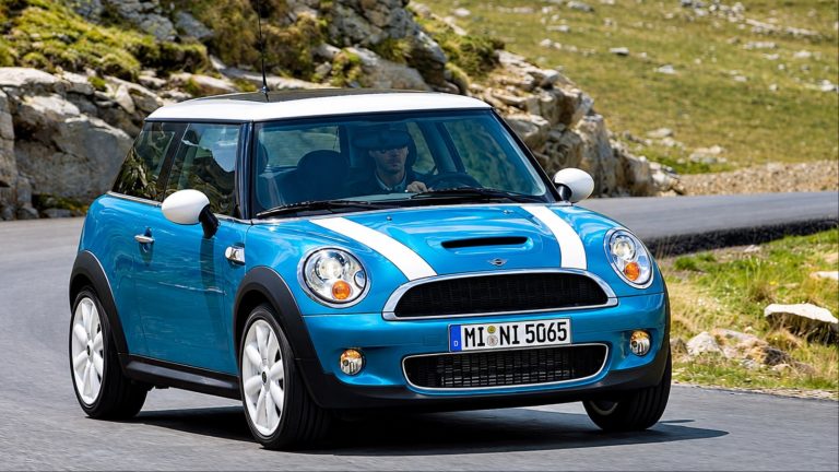 Mini Cooper is cruising on a hilly road on a sunny day