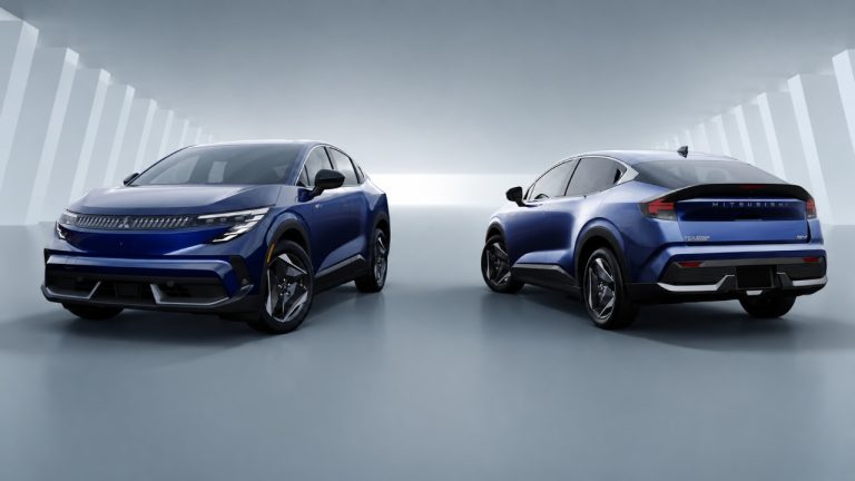 Mitsubishi Eclipse Sportback EV shown from front and rear in a futuristic studio setting