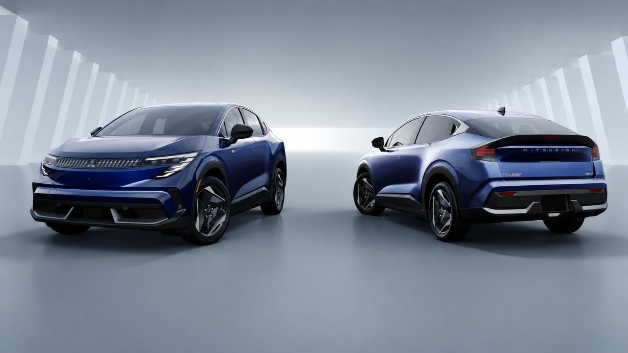Mitsubishi Eclipse Sportback EV shown from front and rear in a futuristic studio setting